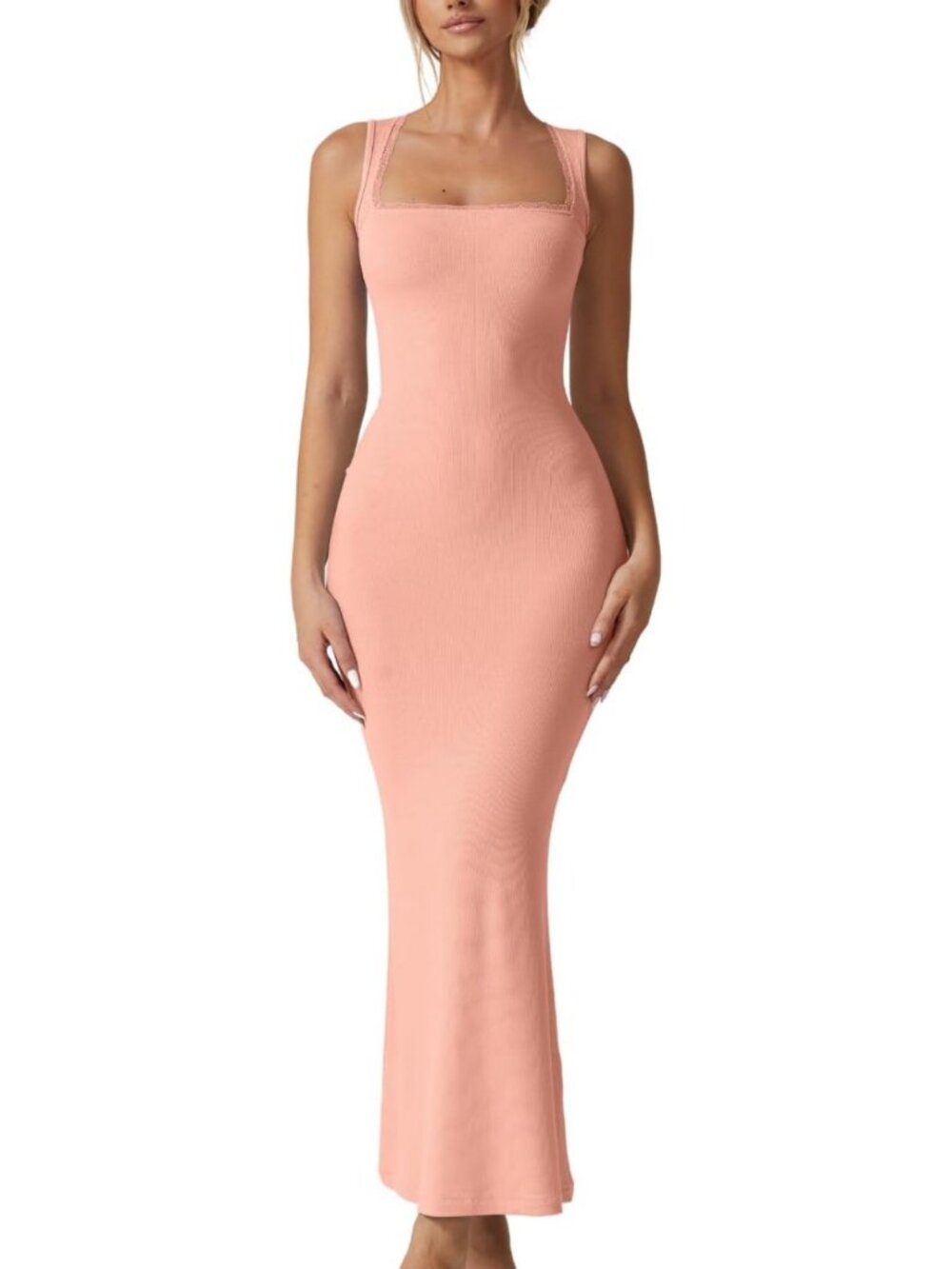 Chic Lace Detail Square Neck Maxi Dress - Sleeveless Ribbed Long Lounge Dress